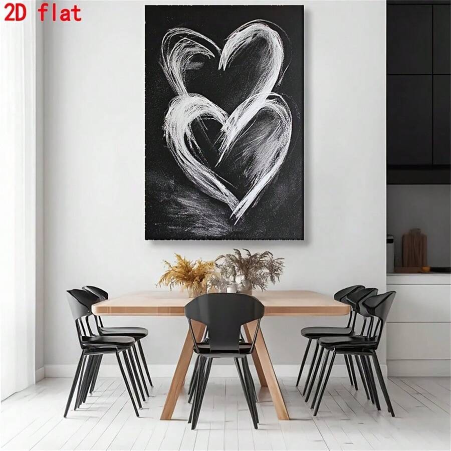 Black canvas with overlapping white chalk hearts beside books and plants