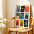 Vintage postage stamp grid print displayed on woven wood chair