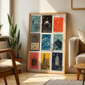 Large retro stamp collage artwork leaning beside cream sofa