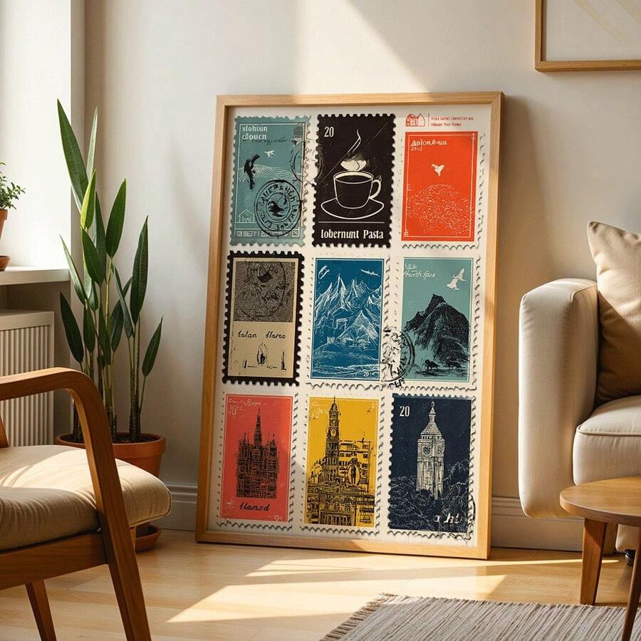 Large retro stamp collage artwork leaning beside cream sofa