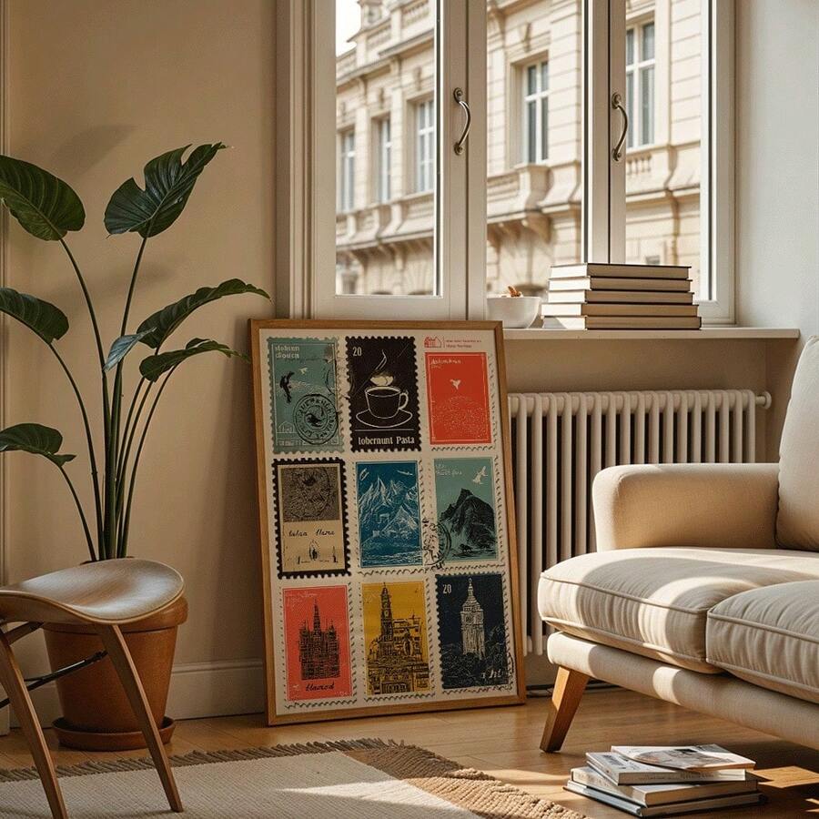 Framed colorful travel stamp poster in bright neutral living room