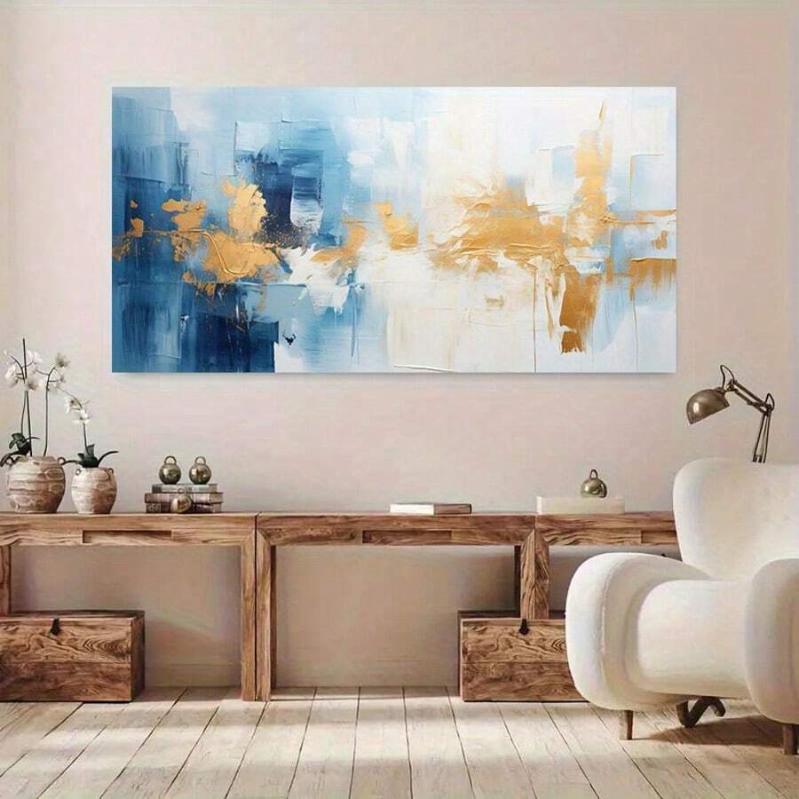 Transform your space with this striking modern abstract canvas art. Featuring bold blue and platinum tones, this frameless piece brings contemporary sophistication to any room. The graphic design creates visual interest while the waterproof canvas ensures lasting durability. Perfect for living rooms, bedrooms, or dining areas, it's an effortless way to elevate your décor without the commitment of framing. Versatile, stylish, and ready to hang.