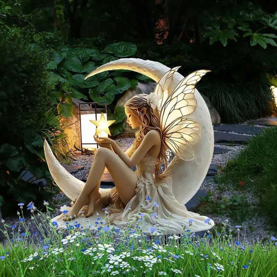Glow in the dark fairy garden stake with illuminated wings, moon, and star.