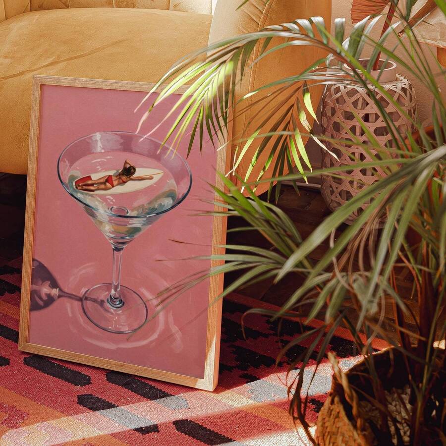 Pink martini canvas poster with a floating swimmer beside houseplants