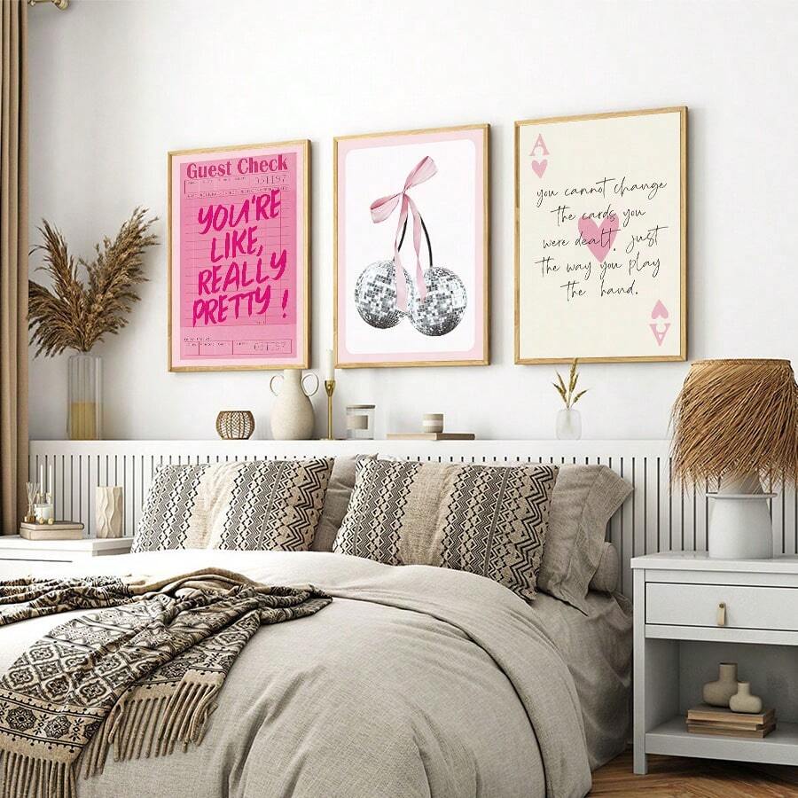 Pink Aesthetic Quotes and Disco Cherry Canvas poster set with playful Y2K charm. Perfect for bedrooms, dorms, dressing rooms, beauty spaces, and colorful decor.