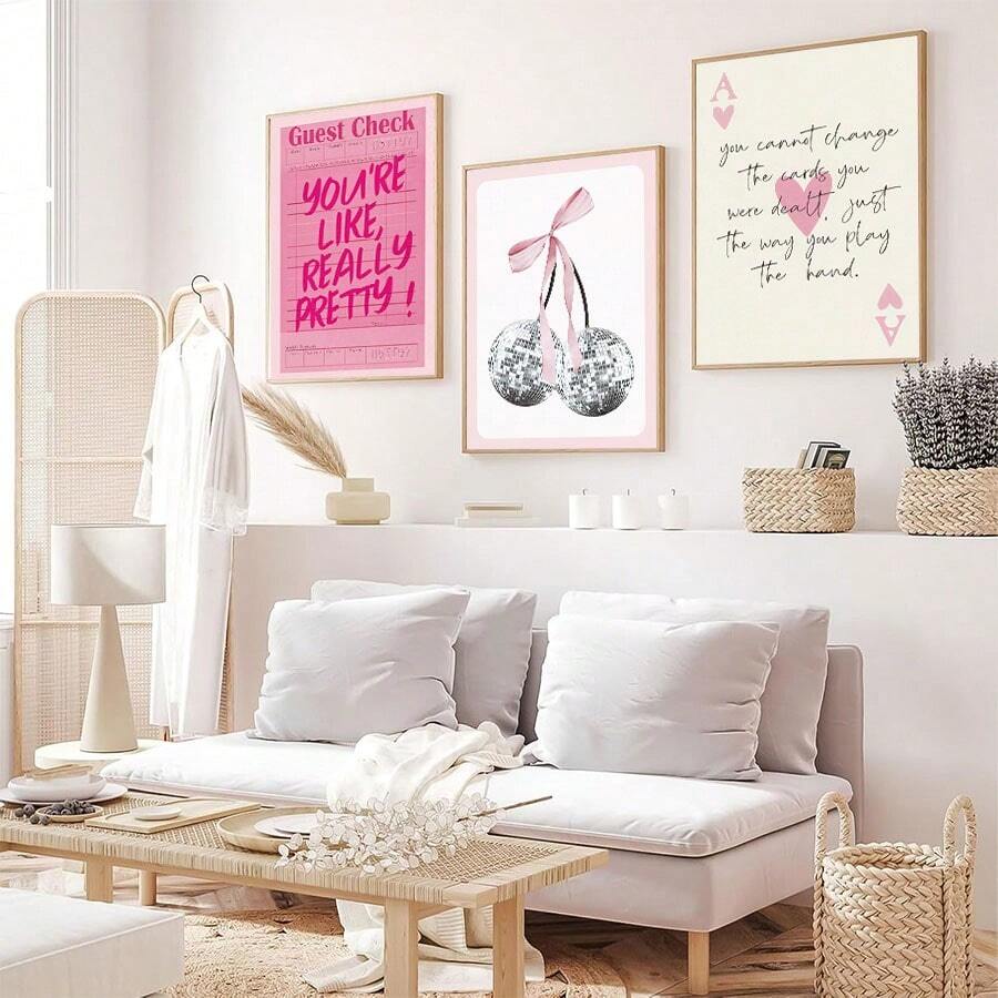 Pink Aesthetic Quotes and Disco Cherry Canvas poster set with playful Y2K charm. Perfect for bedrooms, dorms, dressing rooms, beauty spaces, and colorful decor.