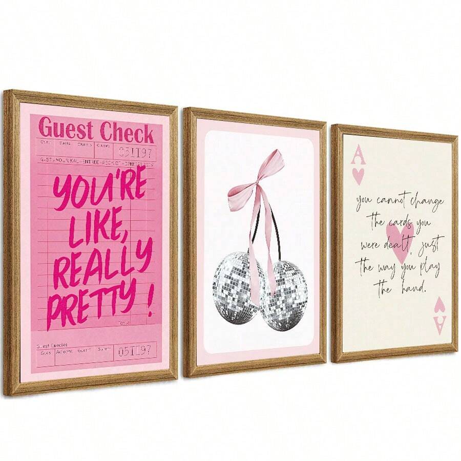 Pink Aesthetic Quotes and Disco Cherry Canvas poster set with playful Y2K charm. Perfect for bedrooms, dorms, dressing rooms, beauty spaces, and colorful decor.