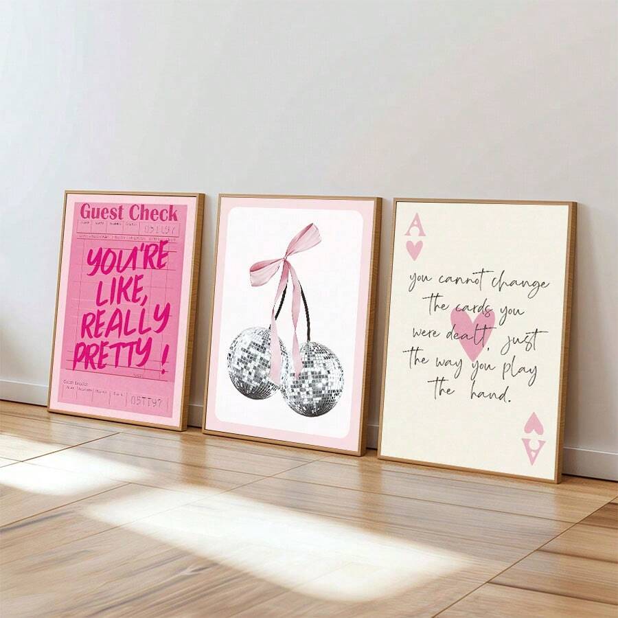Pink Aesthetic Quotes and Disco Cherry Canvas poster set with playful Y2K charm. Perfect for bedrooms, dorms, dressing rooms, beauty spaces, and colorful decor.