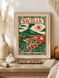 Italy wall art preview with olives Mediterranean landscape and retro travel style