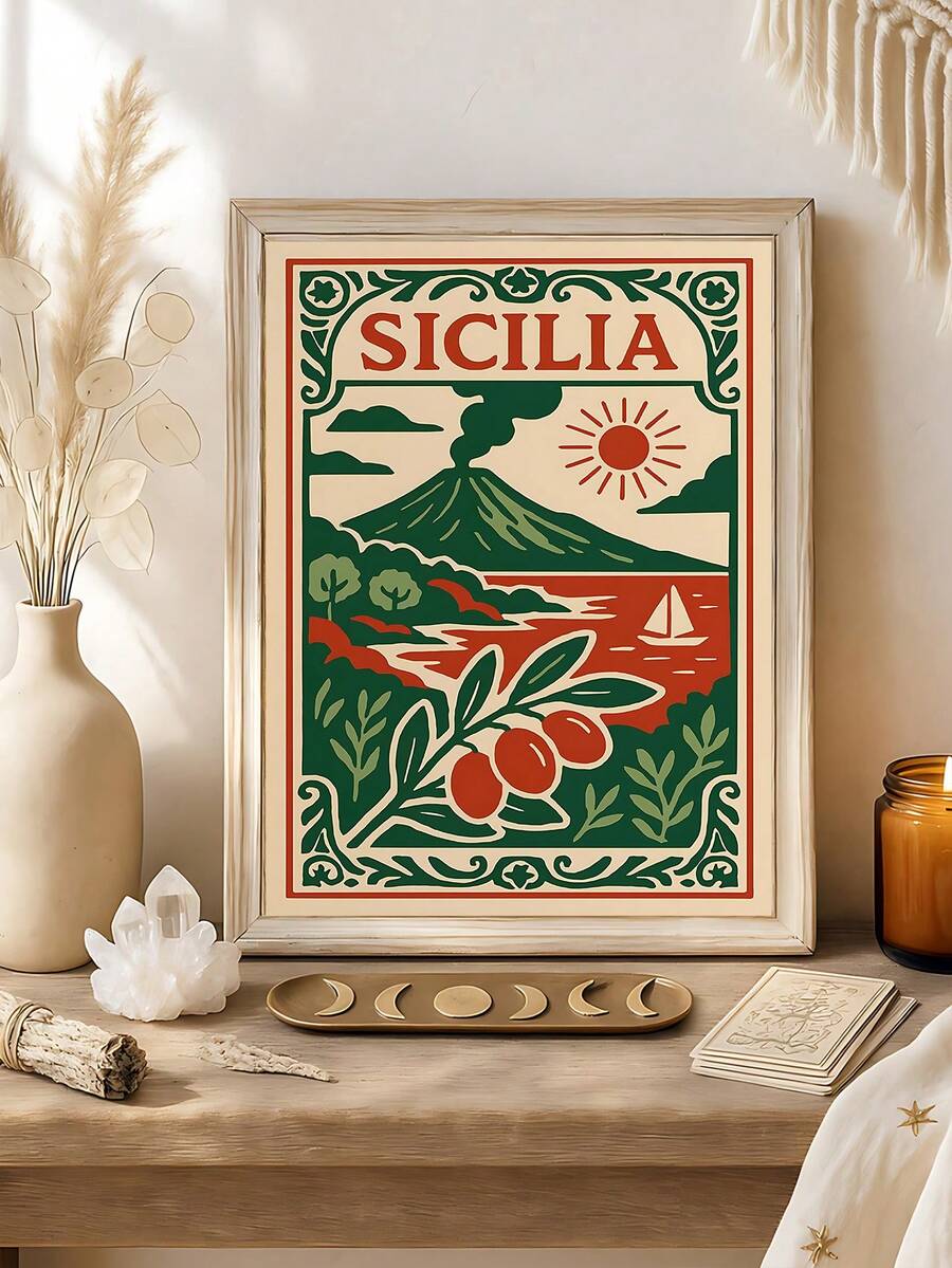 Italy wall art preview with olives Mediterranean landscape and retro travel style