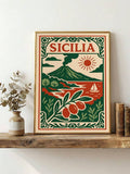 Vintage Sicilia print shown in warm frame with deep green and tomato red colors