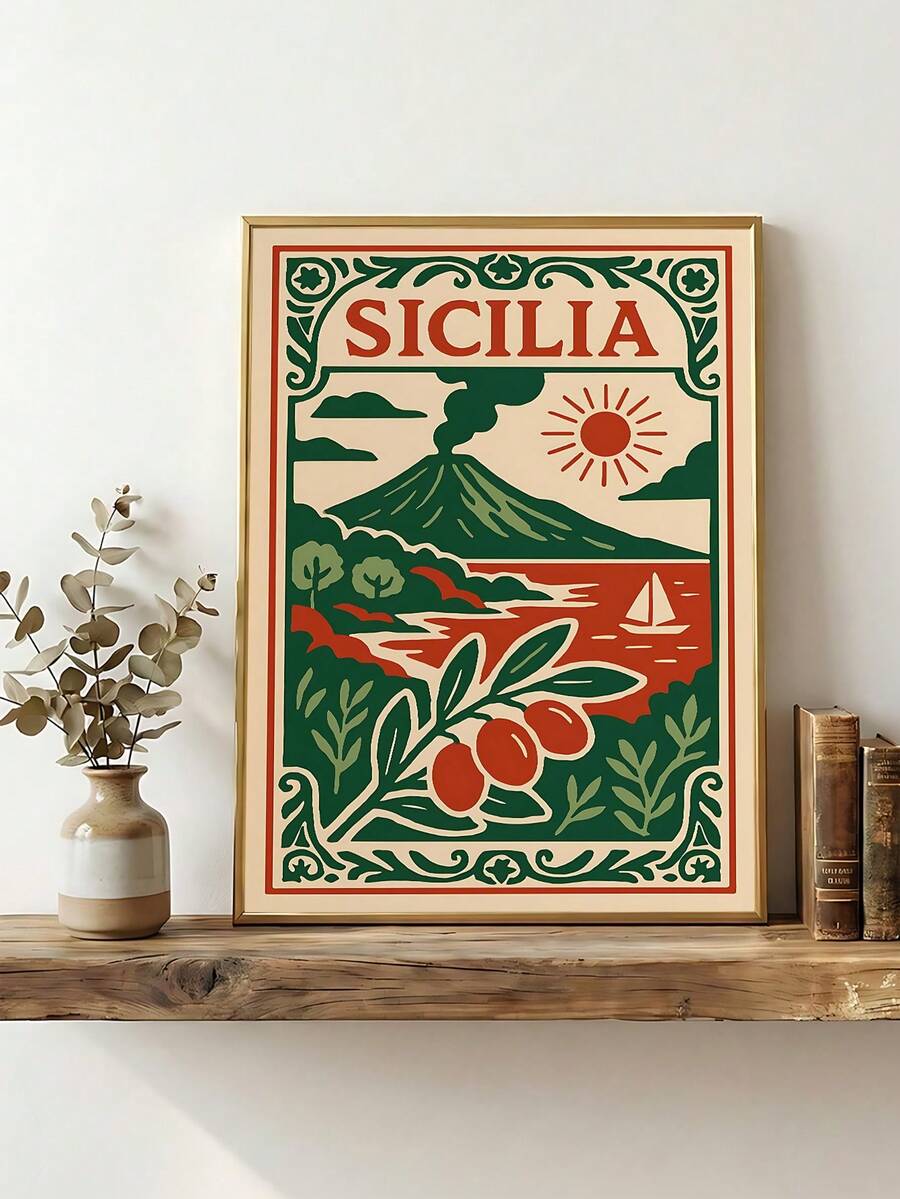 Vintage Sicilia print shown in warm frame with deep green and tomato red colors