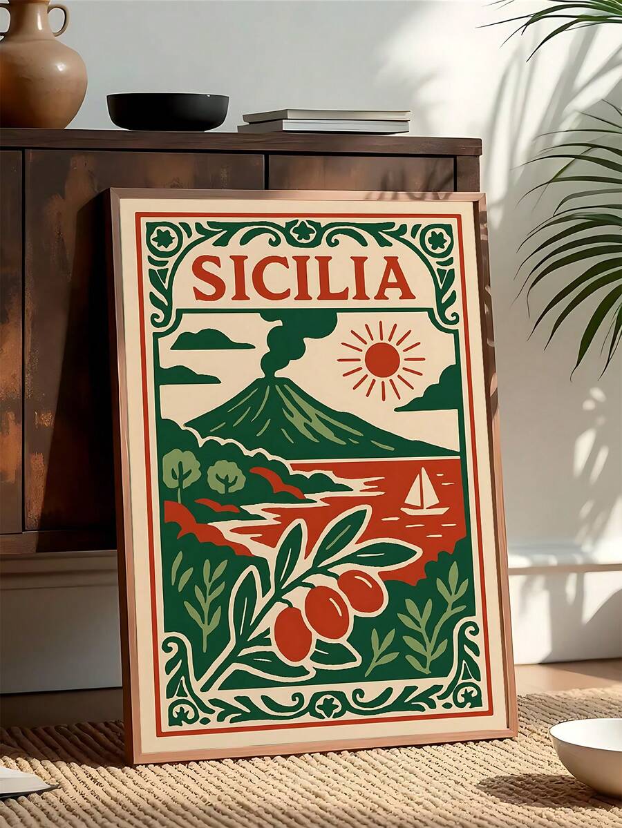 Sicily travel poster with Sicilia text volcano coastline sun and sailboat