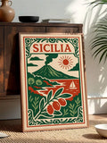 Sicily travel poster with Sicilia text volcano coastline sun and sailboat