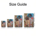 Palm tree wall art size guide showing four available canvas heights
