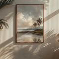 Framed tropical palm lagoon canvas poster in a sunlit coastal living room
