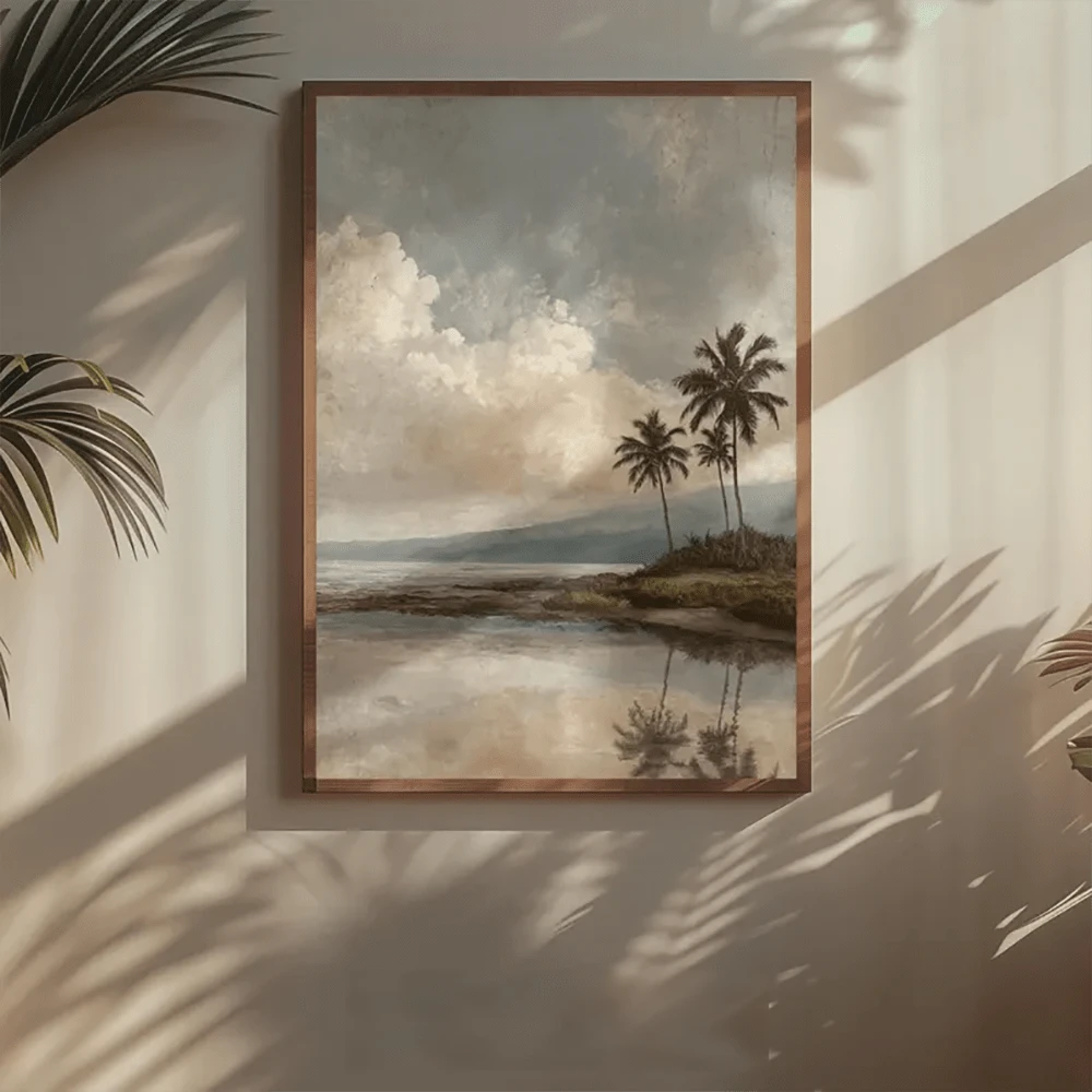 Framed tropical palm lagoon canvas poster in a sunlit coastal living room