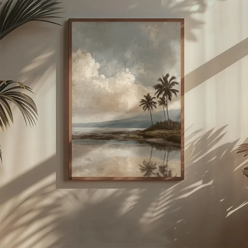 Framed tropical palm lagoon canvas poster in a sunlit coastal living room