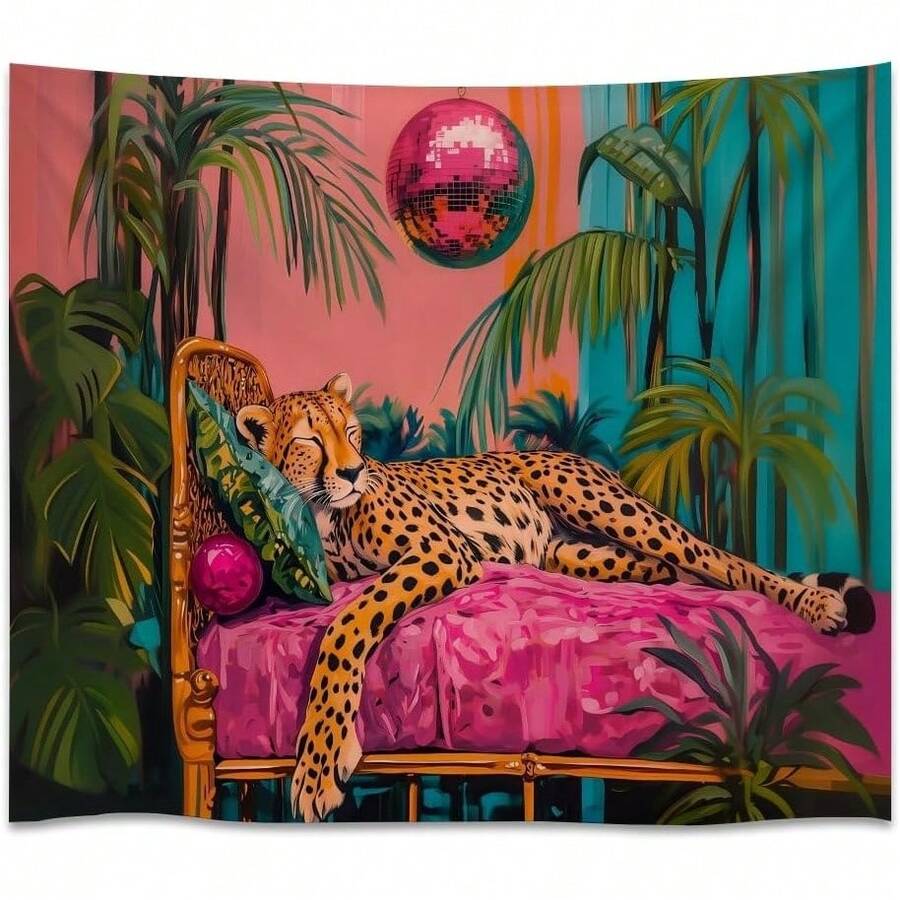 Boho jungle cheetah tapestry with pink bed disco ball and tropical plants