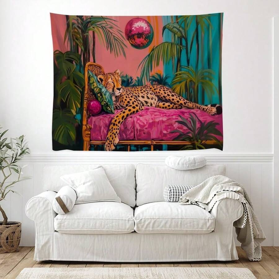 Boho jungle cheetah tapestry with pink bed disco ball and tropical plants