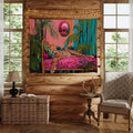 Boho jungle tapestry staged on cabin wall with cheetah and disco ball art