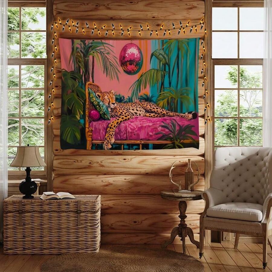 Boho jungle tapestry staged on cabin wall with cheetah and disco ball art