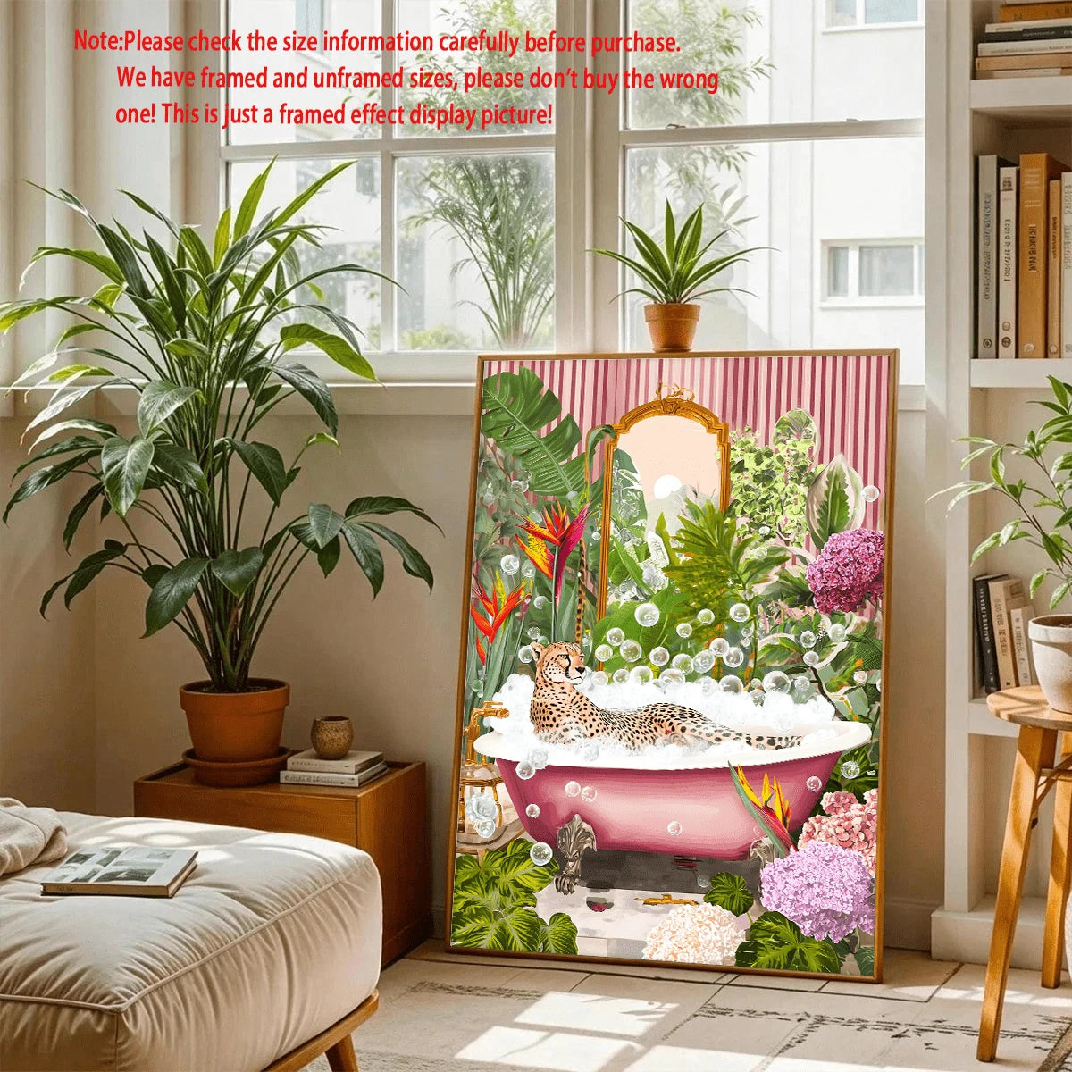 Framed tropical cheetah poster for playful bathroom decor