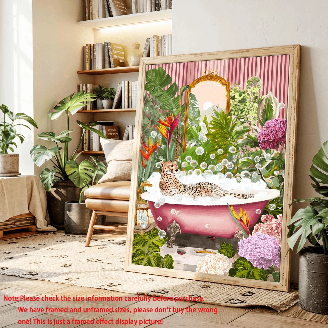 Whimsical cheetah bubble bath tropical flower canvas poster