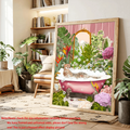 Jungle animal wall art with cheetah and floral bath scene