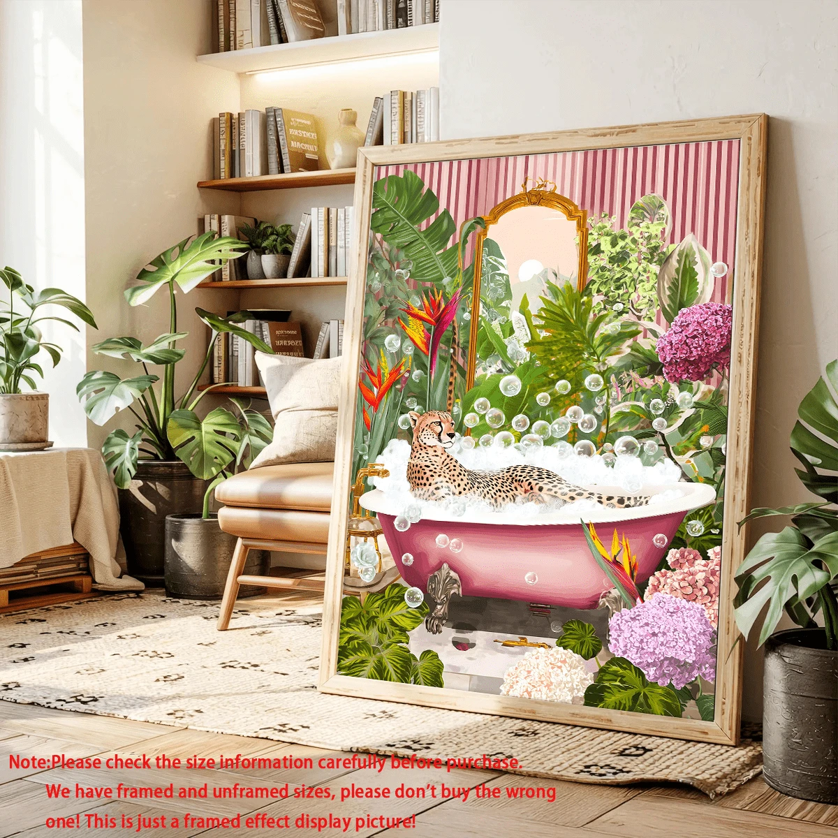 Jungle animal wall art with cheetah and floral bath scene