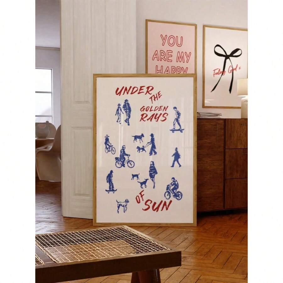 Blue and red urban lifestyle canvas poster leaning against pink wall