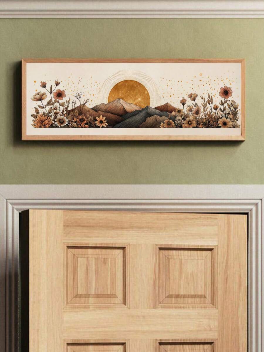 Framed boho landscape print with sunburst mountain range and flowers