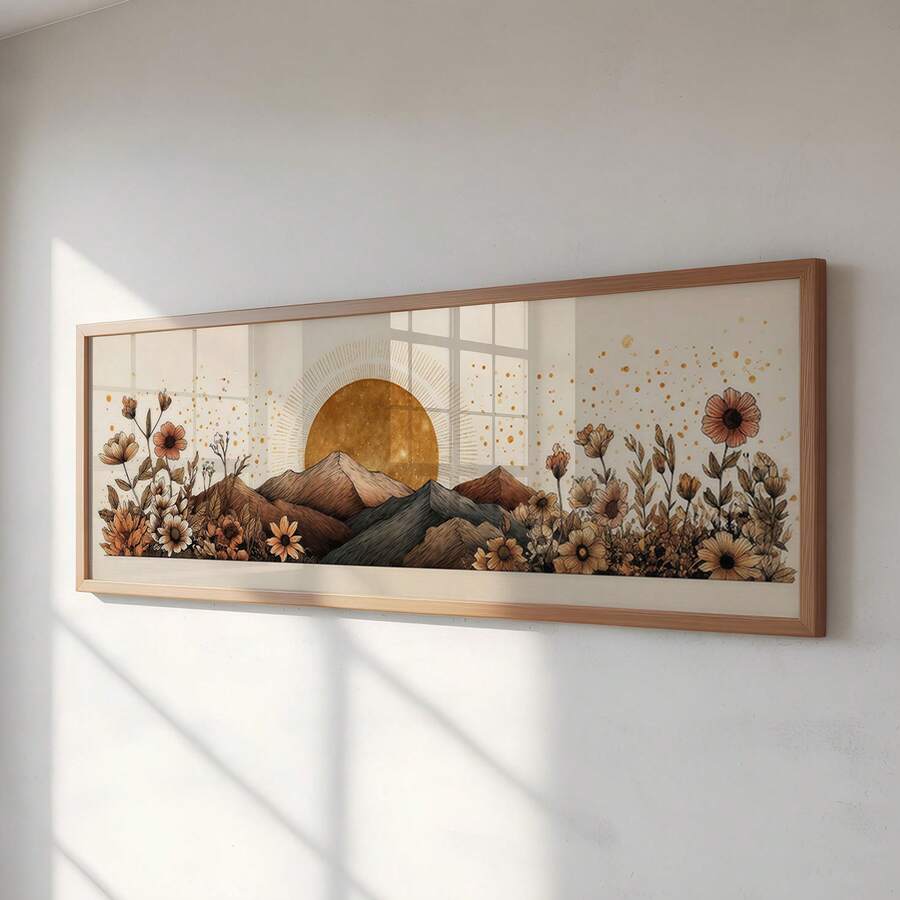 Boho panoramic wall art with golden sun mountains and wildflowers