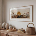 Wide botanical landscape print with ochre sun and rustic flowers
