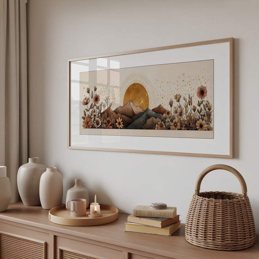 Wide botanical landscape print with ochre sun and rustic flowers