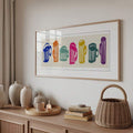 Panoramic kitchen art with playful multicolor coffee mugs