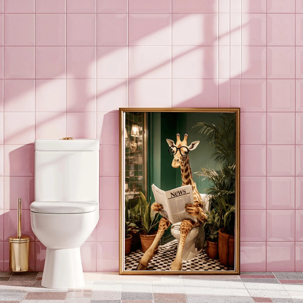 Gold-framed funny giraffe bathroom print against pink tile