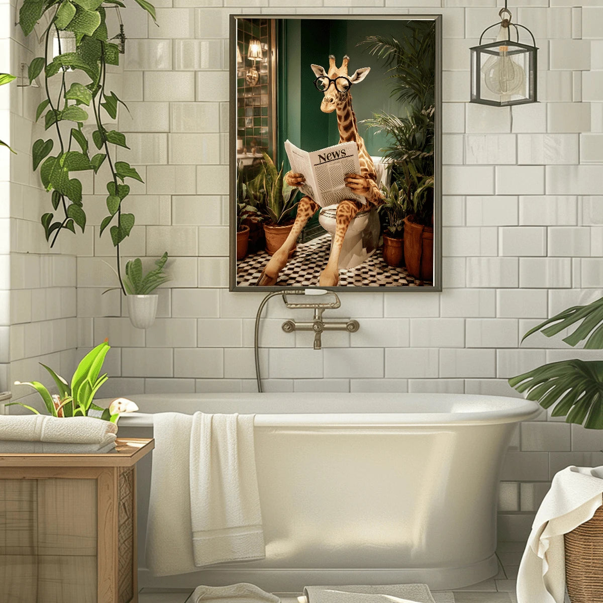 Giraffe reading on toilet wall art beside a freestanding bathtub