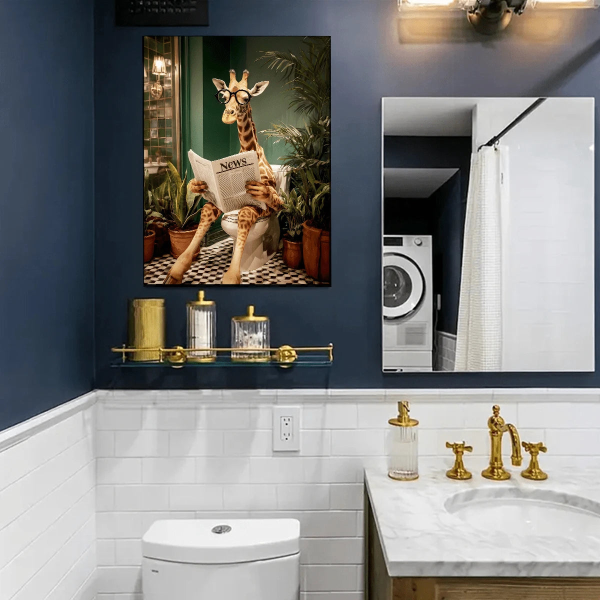 Black-framed giraffe toilet artwork displayed in a navy bathroom