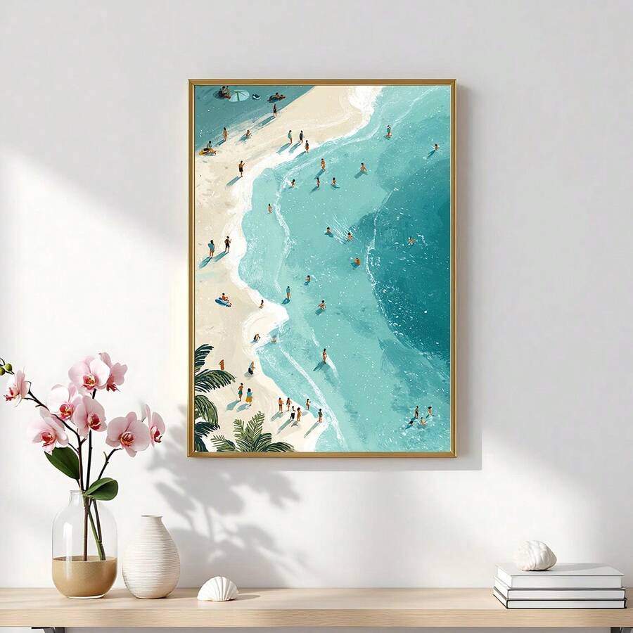 Aerial turquoise beach canvas print with swimmers and sandy shore