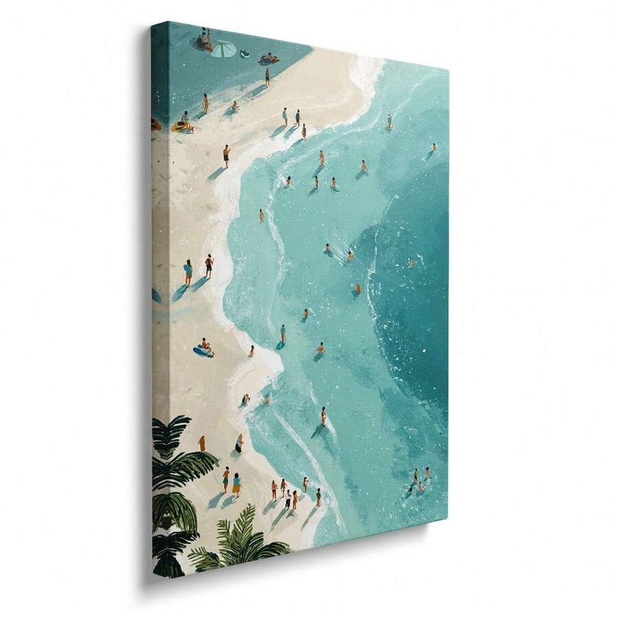 Framed coastal canvas mockup with aerial beach artwork on wall