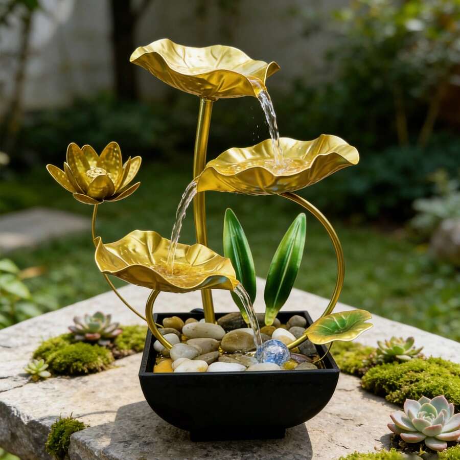 Gold lotus fountain running outdoors on stone surface with succulents.