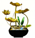 Gold three-tier lotus fountain cutout with blue ball, green leaves, and square basin.