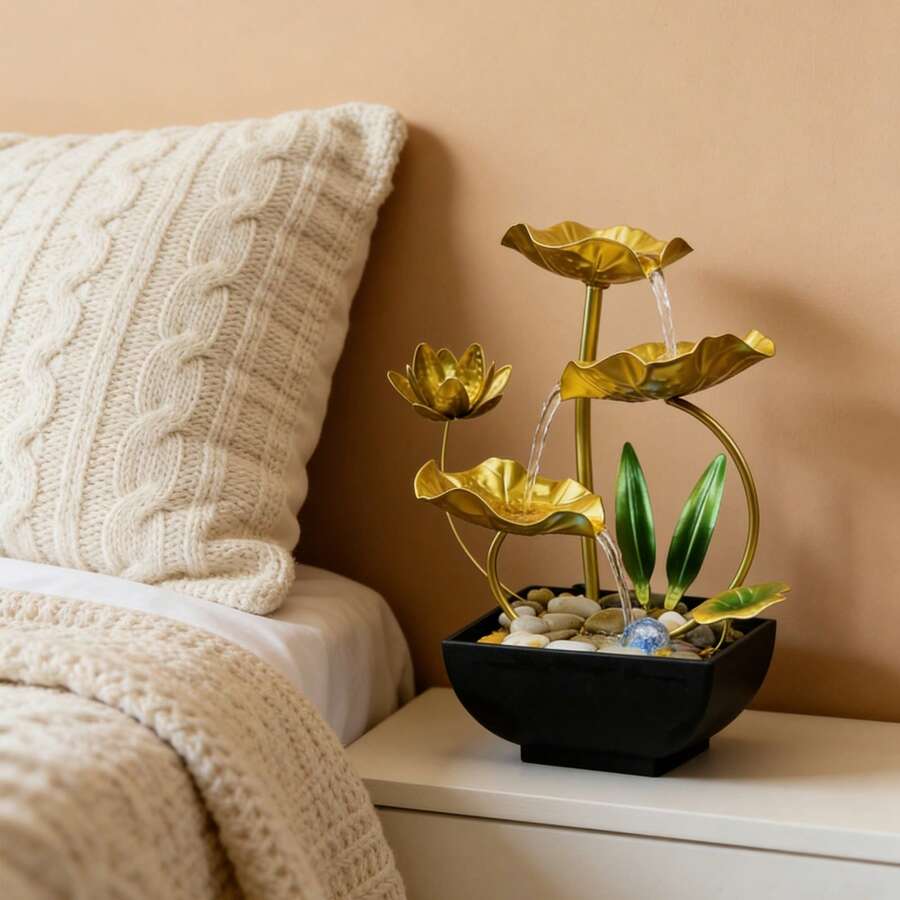 Gold tabletop waterfall fountain on bedroom nightstand for calming decor.