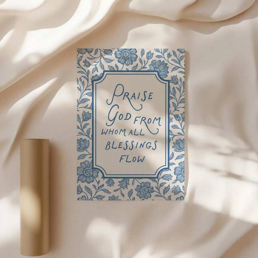 Gold-framed blue floral Christian Doxology wall art with hymn quote