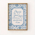 Front view of cream and blue floral Christian hymn print in gold frame