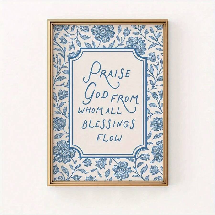 Front view of cream and blue floral Christian hymn print in gold frame