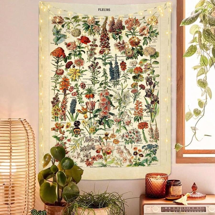 Vintage floral tapestry with illustrated FLEURS flower chart