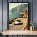Vintage luxury car Canvas poster featuring a scenic coastal drive and retro style. Perfect for garages, living rooms, offices, cabins, and car lovers.