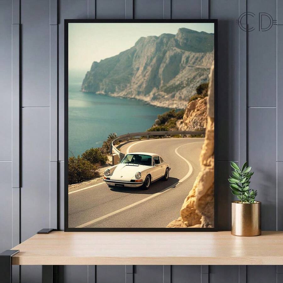 Vintage luxury car Canvas poster featuring a scenic coastal drive and retro style. Perfect for garages, living rooms, offices, cabins, and car lovers.